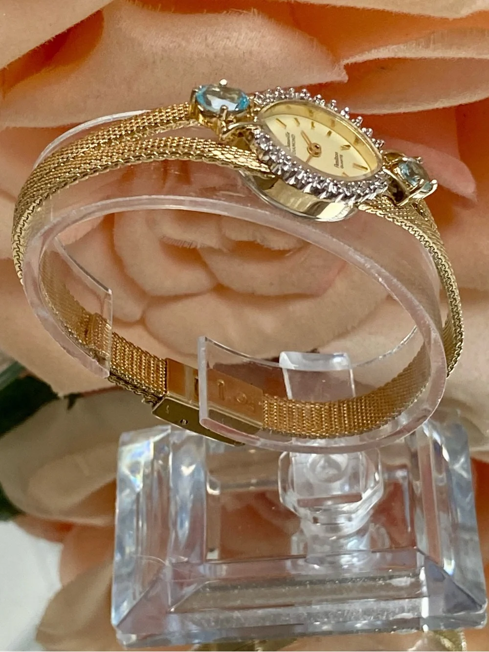 Vintage Deauville Diamond & Blue Topaz Accented Bezel Dainty Cocktail Watch
